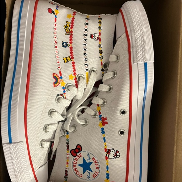 Converse Shoes - Converse Women’s White Hello Kitty High-Top Sneakers with Red & Blue Trim